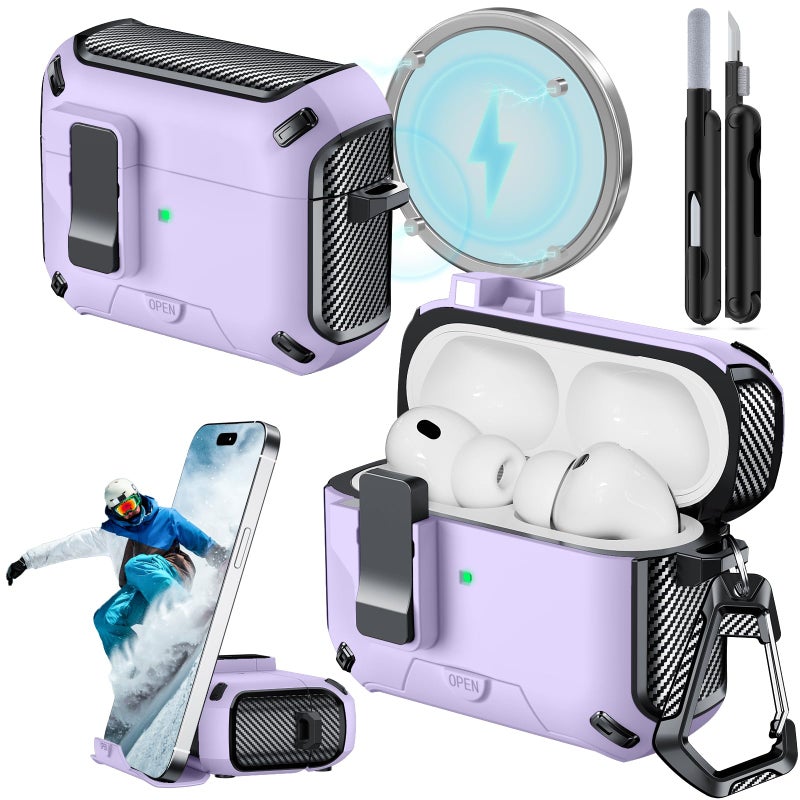 JOREMX for AirPods Pro 3 Case (2025) with Phone Stand,ï¼ˆwith Automatic Snap Switchï¼‰ Carbon Fiber Design Protection Cover for Airpods Pro 3 Gen with Cleaning Pen,Purple - Image 1