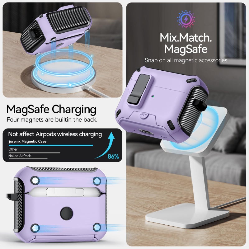 JOREMX for AirPods Pro 3 Case (2025) with Phone Stand,ï¼ˆwith Automatic Snap Switchï¼‰ Carbon Fiber Design Protection Cover for Airpods Pro 3 Gen with Cleaning Pen,Purple - Image 4