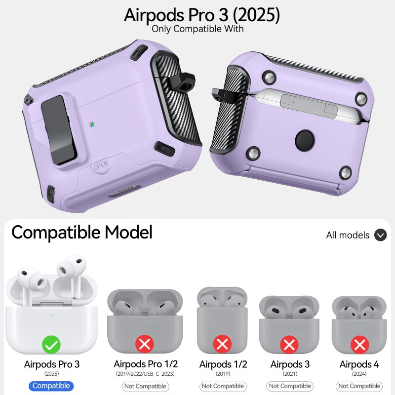 JOREMX for AirPods Pro 3 Case (2025) with Phone Stand,ï¼ˆwith Automatic Snap Switchï¼‰ Carbon Fiber Design Protection Cover for Airpods Pro 3 Gen with Cleaning Pen,Purple - Image 2