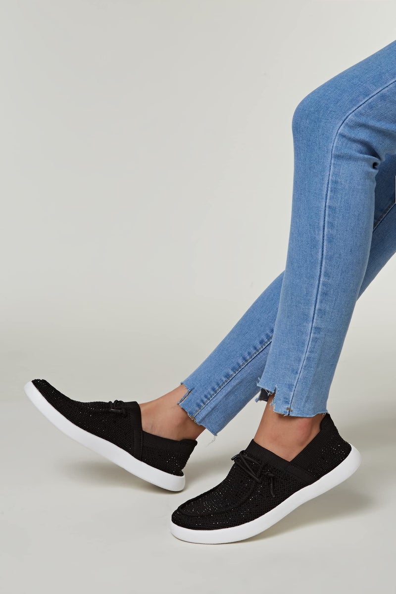 BELOS Women's Rhinestone Lace Up Loafers Shoes Comfortable Slip On Mesh Knit Walking Shoes Fashion Lightweight Sparkly Glitter Sneaker(Black,7 - Image 2