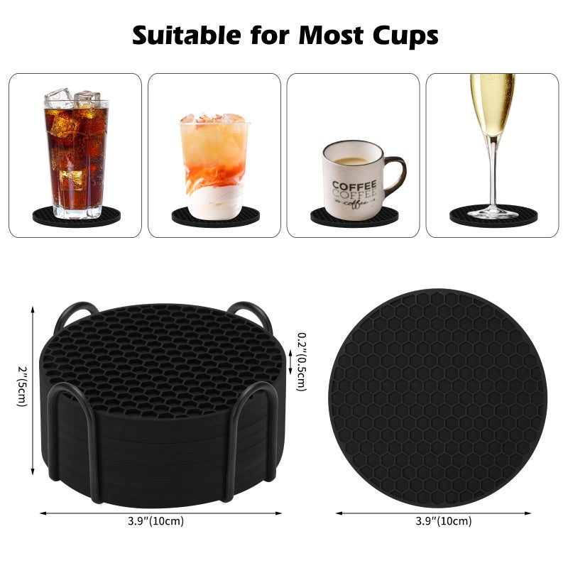 TWTLi Silicone Coasters Set of 8 with Holder,Coasters for Drinks,Beer,Coffee Coasters,Suitable for Kinds Cups,Hot or Cold,Anti-SLI,Non-Stick,Anti-Overflow Tabletop Protection and Decor (8 Pcs, Black) - Image 2