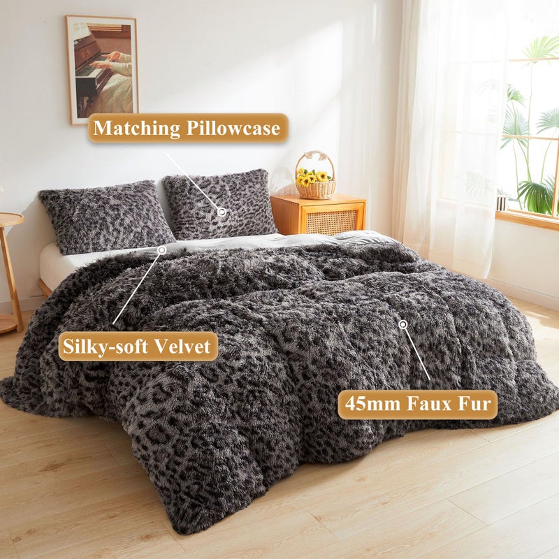 XeGe Cheetah Print Fluffy Faux Fur Duvet Cover Set, 3 Pieces Soft Plush Shaggy Fuzzy Bedding Set(1 Faux Fur Leopard Print Comforter Cover + 2 Furry Pillowcases), Zipper Closure(Queen, Light Grey) - Image 2