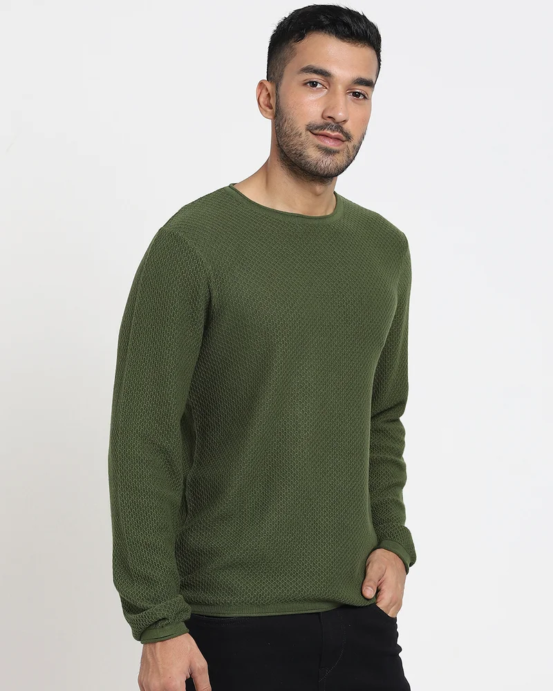 بيواكوف كنزة رجالية محبوكة مسطحة بلون الزيتون