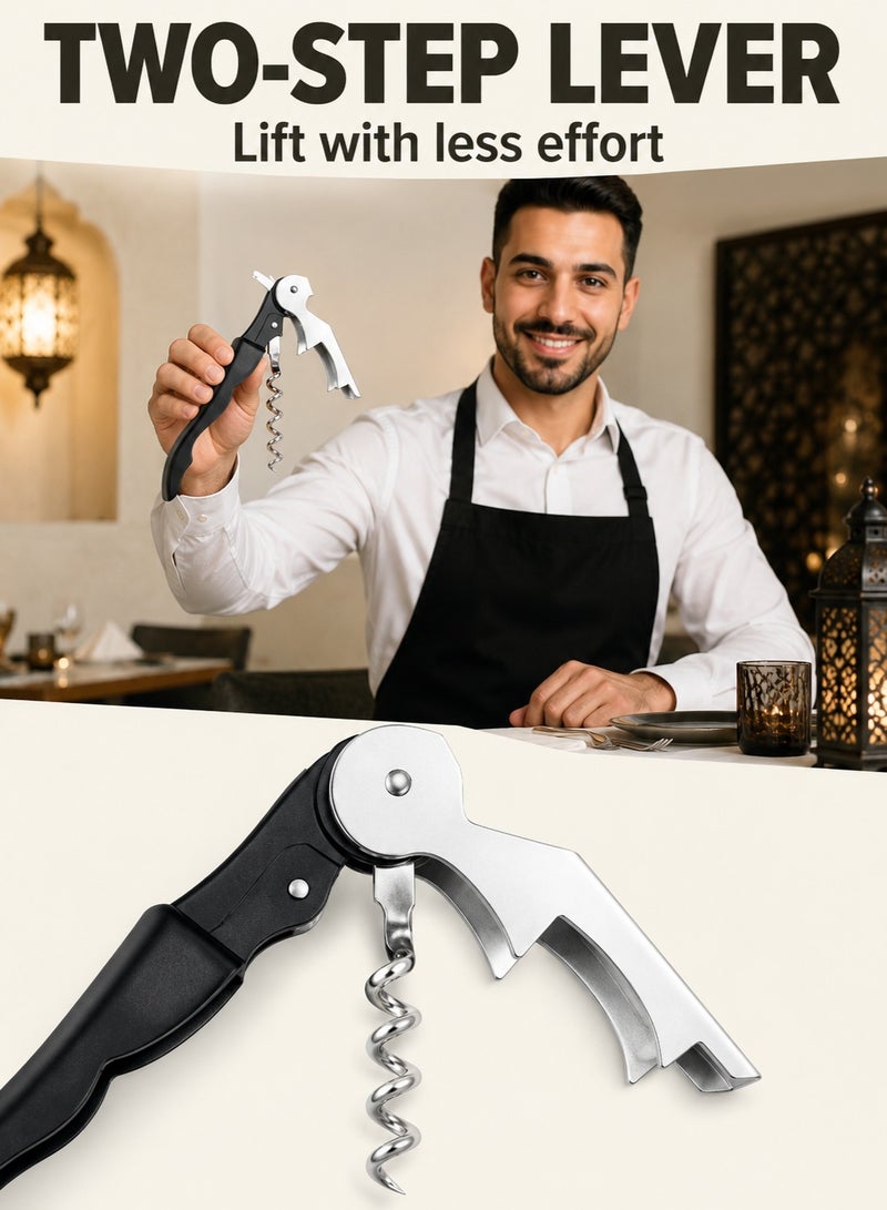 Baytna Wine Opener, Double Lever Sommelier Knife, Waiter‘s Friend Corkscrew with Foil Cutter, Stainless Steel Wine Key for Waiters, Bartenders, Home Use (Black) - Image 2