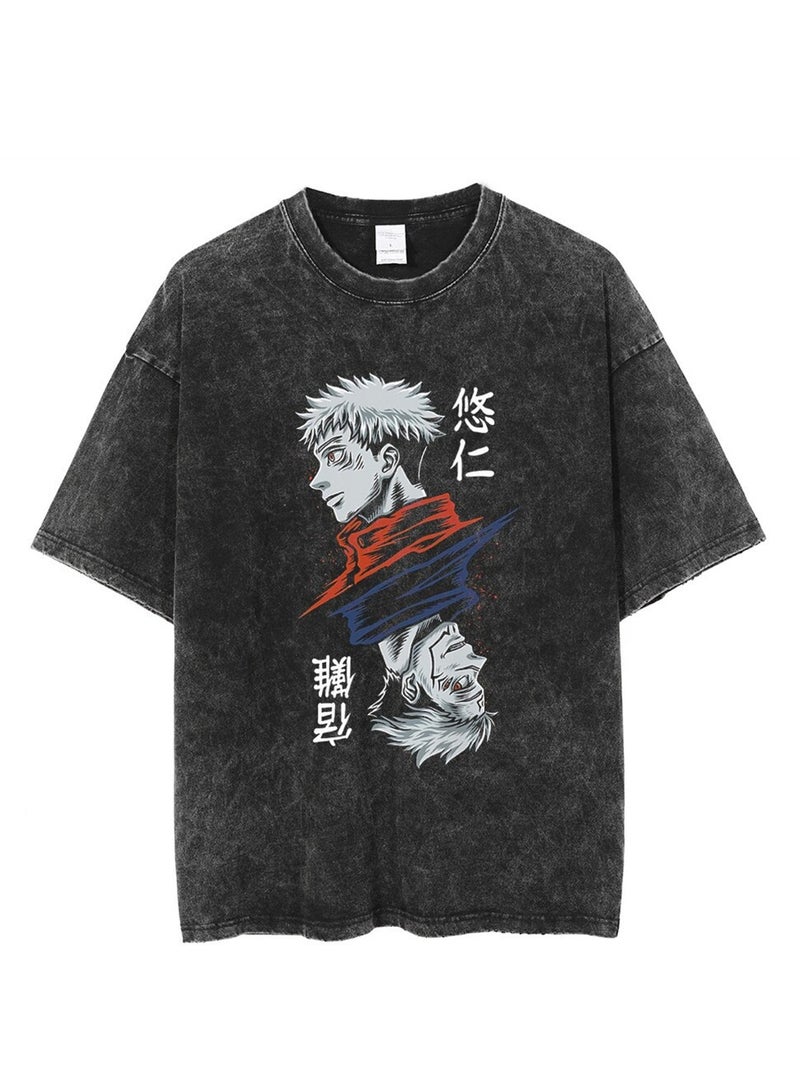 Washed retro T-shirt street hip hop anime Jujutsu Kaisen casual cotton summer short sleeves - Image 1