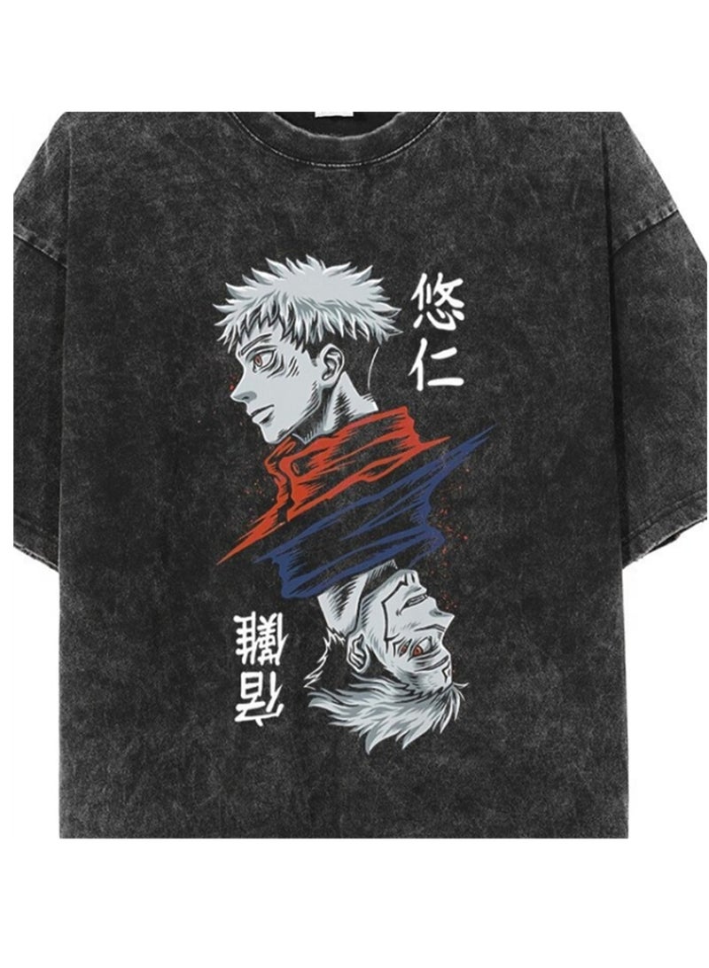 Washed retro T-shirt street hip hop anime Jujutsu Kaisen casual cotton summer short sleeves - Image 4