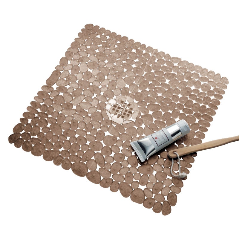 InterDesign iDesign Plastic Suction Cup Non-Slip Bath Mat, The Pebblz Collection - 22â€ x 22â€, Amber Brown - Image 1
