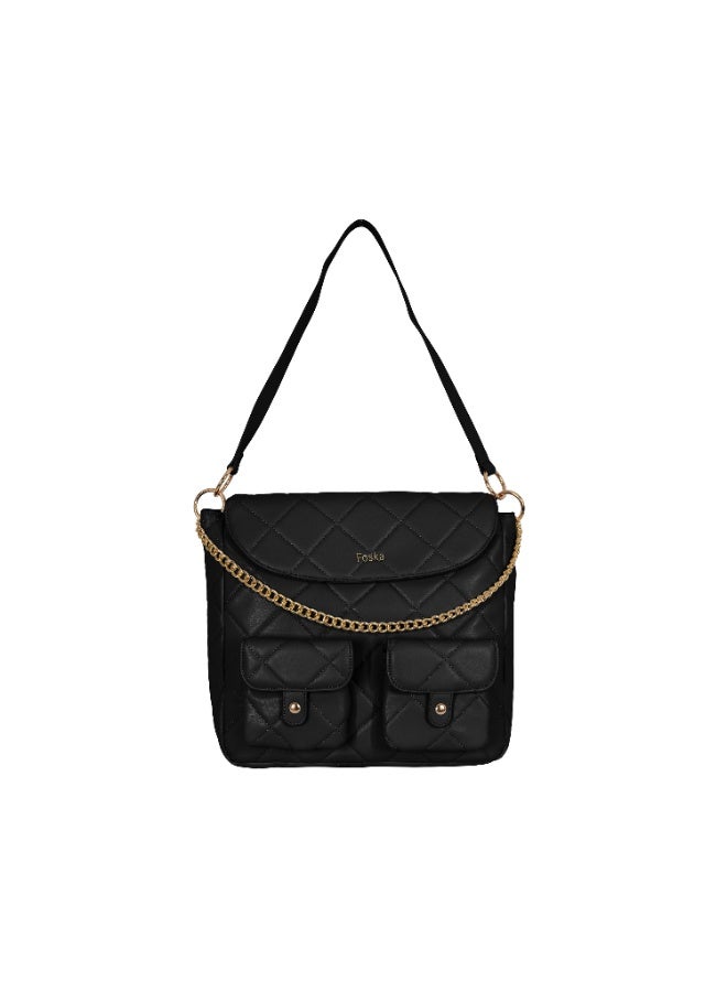 Foska Women's Large Tote & Shoulder Bag - Smooth PU Leather - Black - 33x30 cm - Image 1