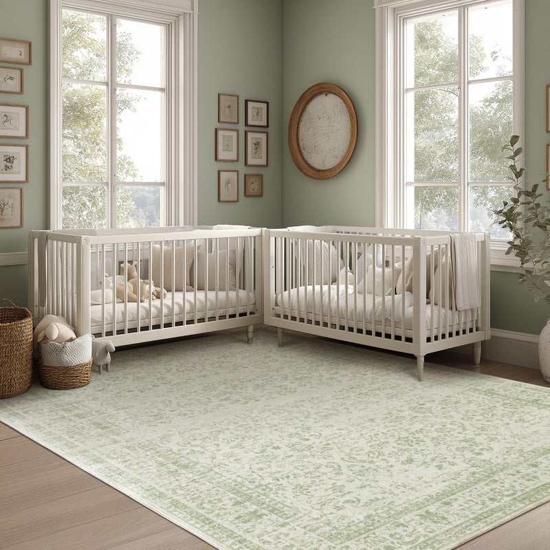 BILEEHOME Light Green Nursery Rug Boy Girl 6x9 Area Rugs Washable Non Slip Low Pile Soft Boho Neutral Floral Print Throw Carpet for Living Room Dining Room Sage Green Dining Room Rugs for Under Table 6 x 9 - Image 2