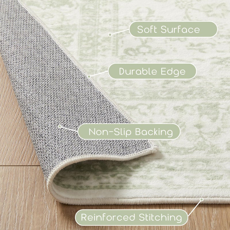 BILEEHOME Light Green Nursery Rug Boy Girl 6x9 Area Rugs Washable Non Slip Low Pile Soft Boho Neutral Floral Print Throw Carpet for Living Room Dining Room Sage Green Dining Room Rugs for Under Table 6 x 9 - Image 3