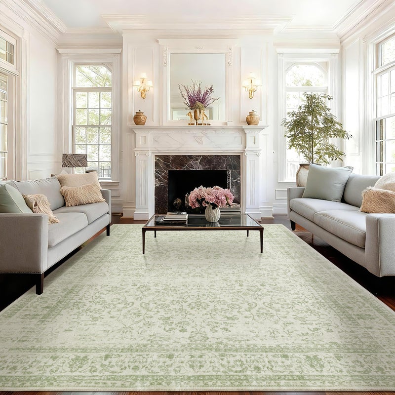 BILEEHOME Light Green Nursery Rug Boy Girl 6x9 Area Rugs Washable Non Slip Low Pile Soft Boho Neutral Floral Print Throw Carpet for Living Room Dining Room Sage Green Dining Room Rugs for Under Table 6 x 9 - Image 5