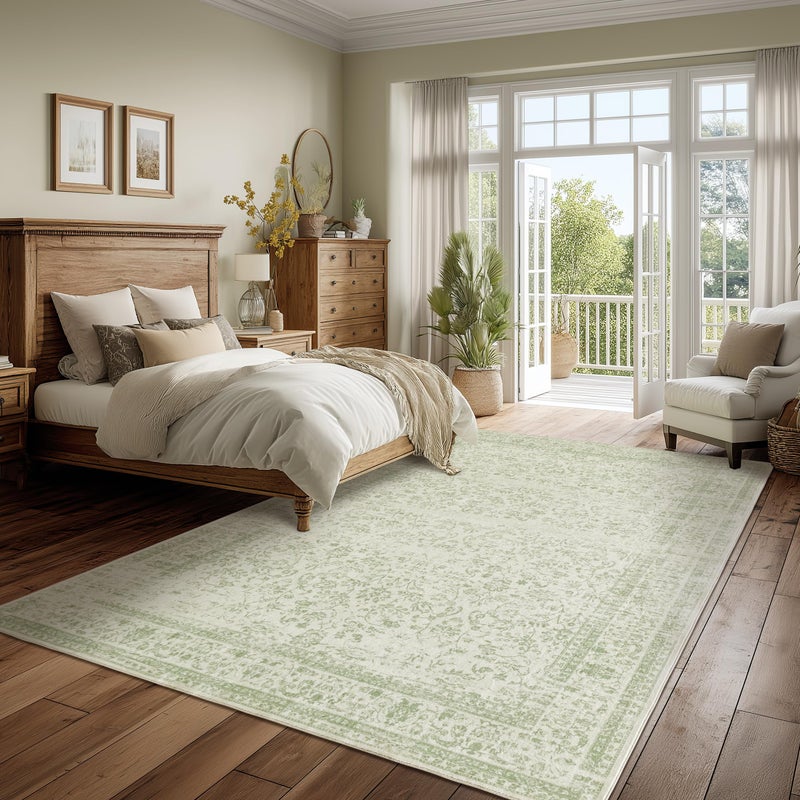 BILEEHOME Light Green Nursery Rug Boy Girl 6x9 Area Rugs Washable Non Slip Low Pile Soft Boho Neutral Floral Print Throw Carpet for Living Room Dining Room Sage Green Dining Room Rugs for Under Table 6 x 9 - Image 1