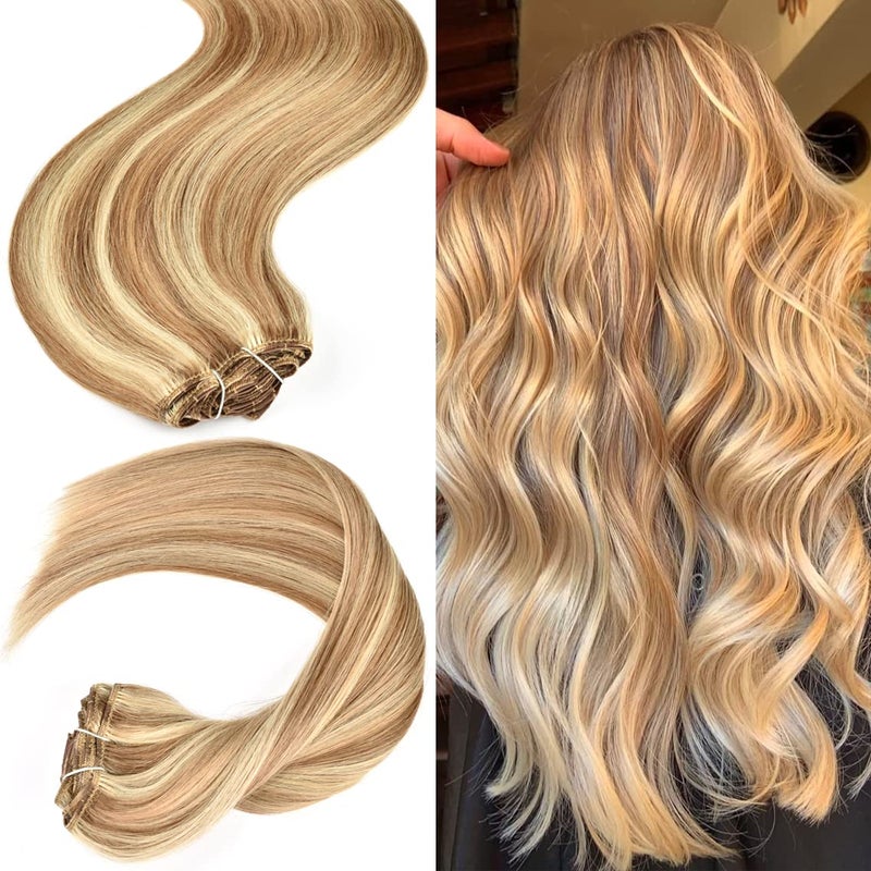 Senmy Clip in Hair Extensions Blonde Double Weft 9A Brazilian Hair 22inch 120g 7Pcs Remy Hair Extension Clip ins Human Hair P8613 Camel Brown with Blonde Clip in Hair Extensions Real Human Hair - Image 2