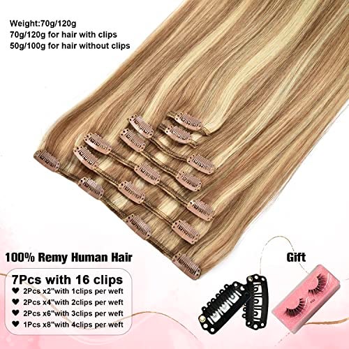 Senmy Clip in Hair Extensions Blonde Double Weft 9A Brazilian Hair 22inch 120g 7Pcs Remy Hair Extension Clip ins Human Hair P8613 Camel Brown with Blonde Clip in Hair Extensions Real Human Hair - Image 3