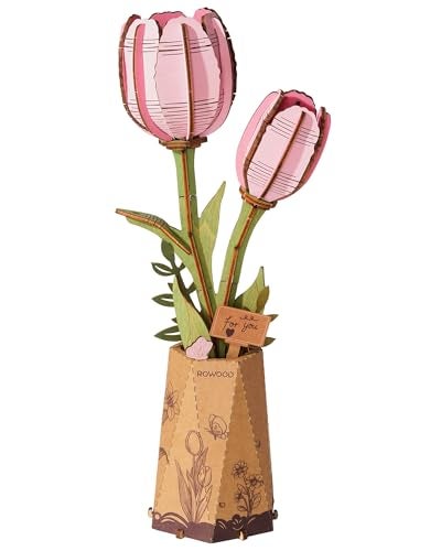 rowood Wooden Flower3D Puzzles for AdultsArtifical Flower Botanical Collection Building KitMothers DayValentines Day Pink Tulip - Image 1