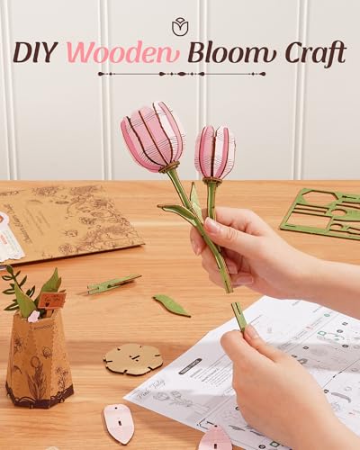 rowood Wooden Flower3D Puzzles for AdultsArtifical Flower Botanical Collection Building KitMothers DayValentines Day Pink Tulip - Image 5