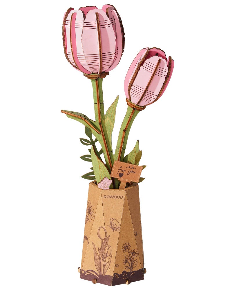 rowood Wooden Flower3D Puzzles for AdultsArtifical Flower Botanical Collection Building KitMothers DayValentines Day Pink Tulip - Image 3