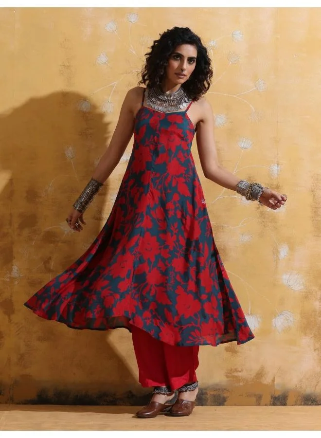 ترو برونز trueBrowns Red Teal Jaal Print Muslin Silk Flared Kurta Set