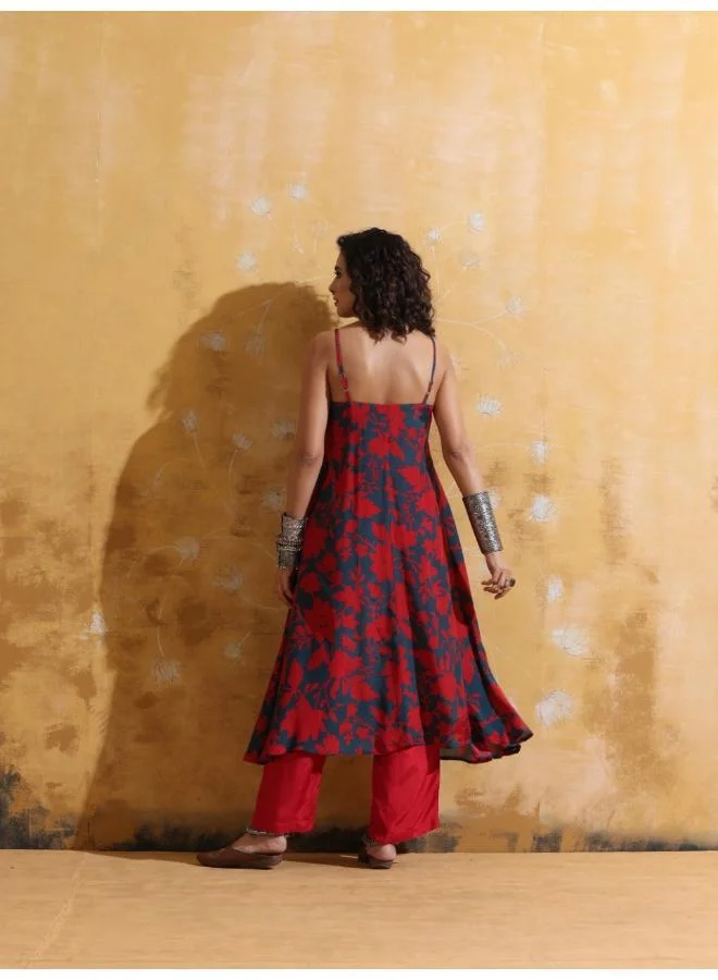 ترو برونز trueBrowns Red Teal Jaal Print Muslin Silk Flared Kurta Set