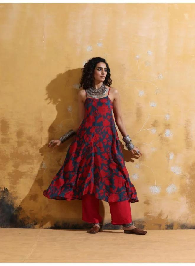 trueBrowns trueBrowns Red Teal Jaal Print Muslin Silk Flared Kurta Set