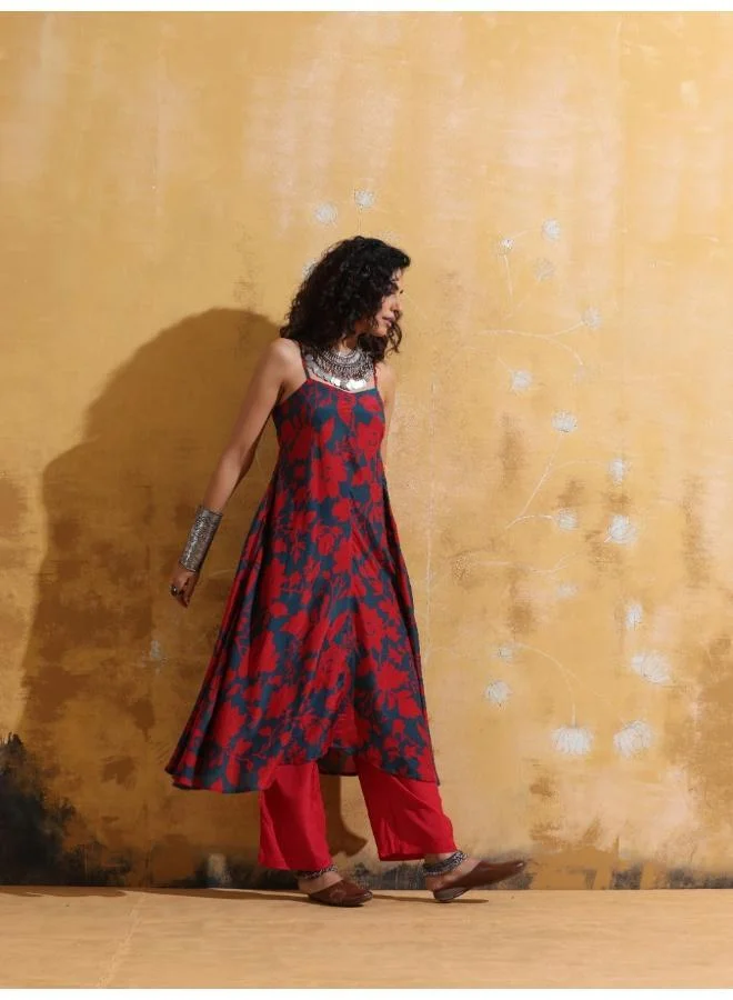 trueBrowns trueBrowns Red Teal Jaal Print Muslin Silk Flared Kurta Set