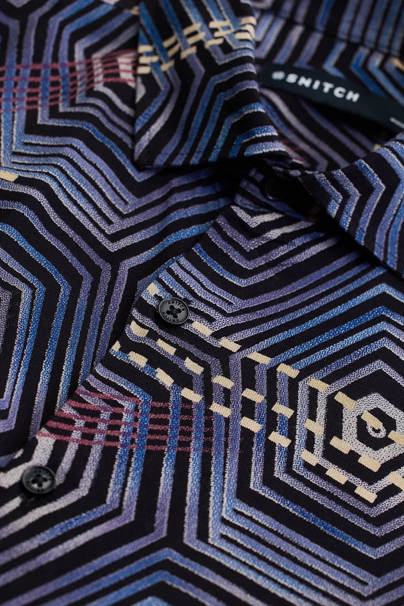 SNITCH Blue Geometric Slim Fit Shirt