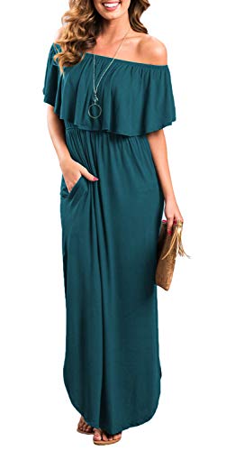 Sarin Mathews Womens Off The Shoulder Ruffle Party Dress Side Split Beach Long Maxi Dresses Acie Blue L - Image 5