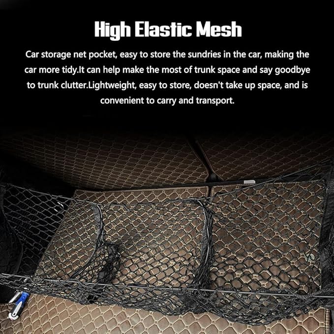 Trunk Net Storage Organizer Car Rear Cargo Net Bag 43x12in for Car Truck Pickup SUV, High Elastic Mesh Pocket for Clutter Free Storage and Maximum Trunk Space Utilization, (39x12in(4-Grid)) Black 43x12in(3-Grid) - Image 2