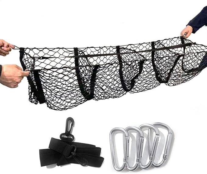 Trunk Net Storage Organizer Car Rear Cargo Net Bag 43x12in for Car Truck Pickup SUV, High Elastic Mesh Pocket for Clutter Free Storage and Maximum Trunk Space Utilization, (39x12in(4-Grid)) Black 43x12in(3-Grid) - Image 5