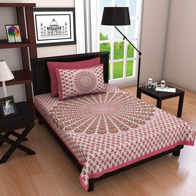 100 COTTON RAJASTHANI JAIPURI TRADITIONAL SINGLE BED SHEET WITH ONE PILLOW COVER PINK