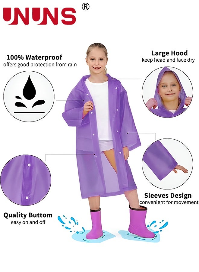 UNUNS Kids Raincoat,2 Pcs Kids Waterproof Thick Rain Ponchos For Kids,Reusable Emergency Rain Coats For Boys Girls,Kids Snow Rainwear Jacket with Hood and Drawstring,Portable EVA Rain Jacket,Purple - Image 2