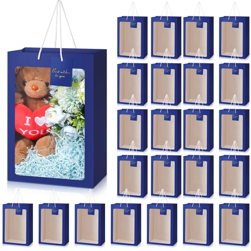 Yahenda 24 Pcs Mother's Day Gift Bags with Clear Window 13.8 x 9.8 x 5.9 Large Transparent Paper Bouquet Totes Bags with Handle for Wedding Birthday(Dark Blue) - Image 1