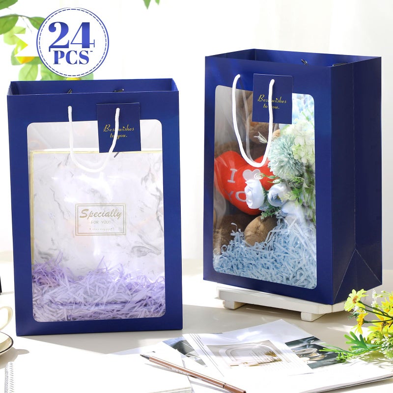 Yahenda 24 Pcs Mother's Day Gift Bags with Clear Window 13.8 x 9.8 x 5.9 Large Transparent Paper Bouquet Totes Bags with Handle for Wedding Birthday(Dark Blue) - Image 2