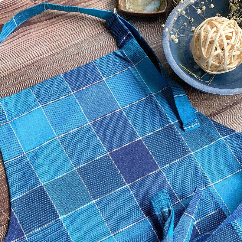 PIXEL HOME Kitchen Apron Set - Adjustable with Pockets, Pack of 2 (Blue & Orange Check) - Image 4