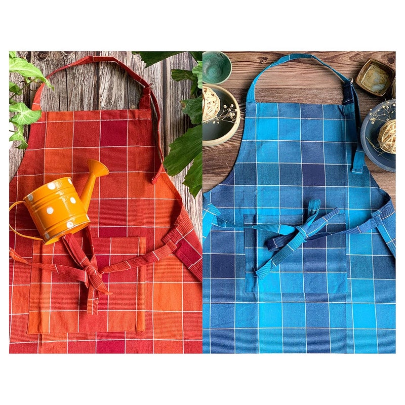 PIXEL HOME Kitchen Apron Set - Adjustable with Pockets, Pack of 2 (Blue & Orange Check) - Image 1