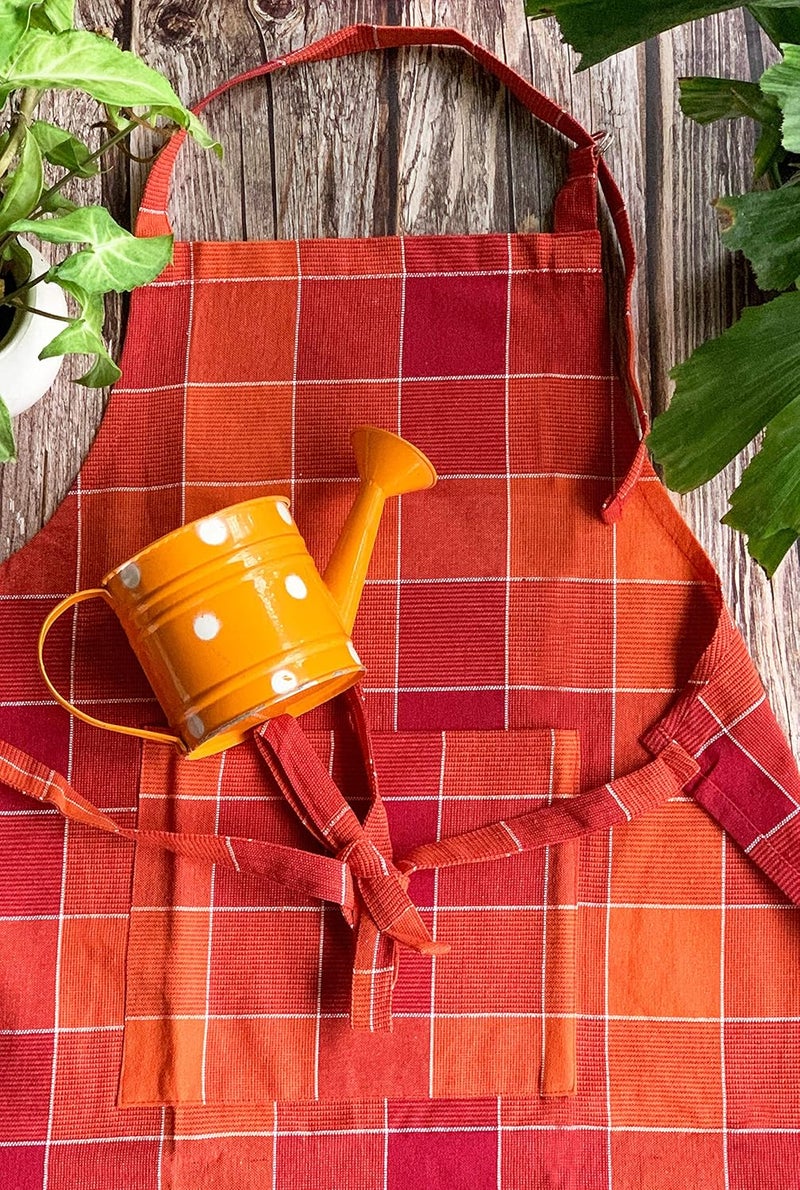 PIXEL HOME Kitchen Apron Set - Adjustable with Pockets, Pack of 2 (Blue & Orange Check) - Image 3