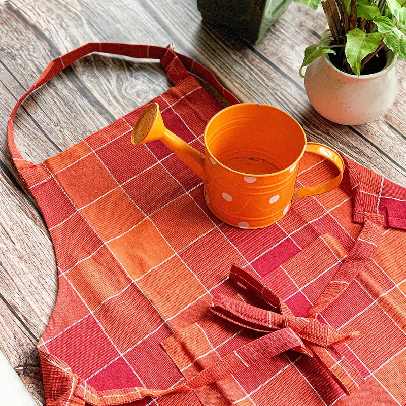 PIXEL HOME Kitchen Apron Set - Adjustable with Pockets, Pack of 2 (Blue & Orange Check) - Image 5