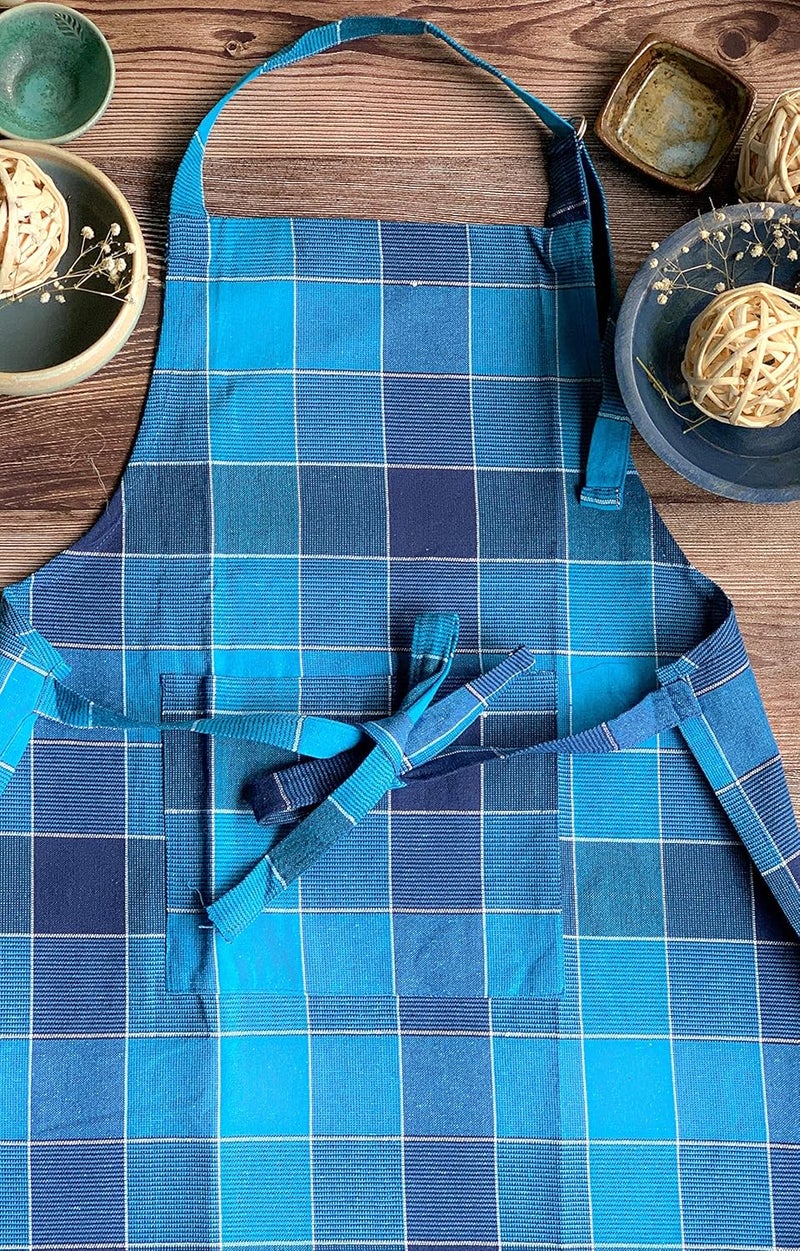 PIXEL HOME Kitchen Apron Set - Adjustable with Pockets, Pack of 2 (Blue & Orange Check) - Image 2