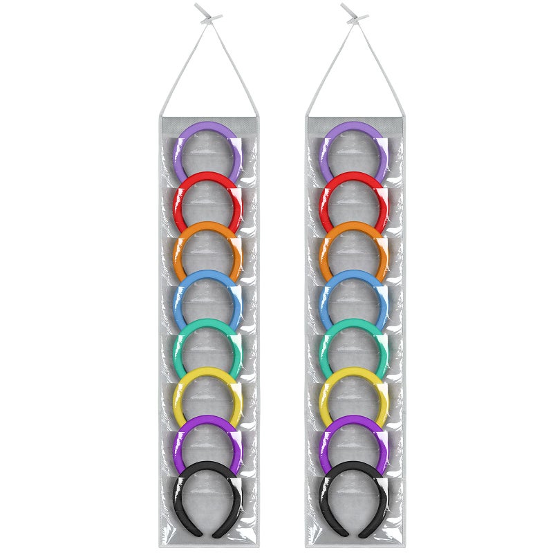 Shappy 2 Pcs Headband Organizer for Women Hanging Headband Holder with 16 Clear Pockets Headphone Storage Classroom for Cell Phones Calculator Hair Accessory87 inchesGray