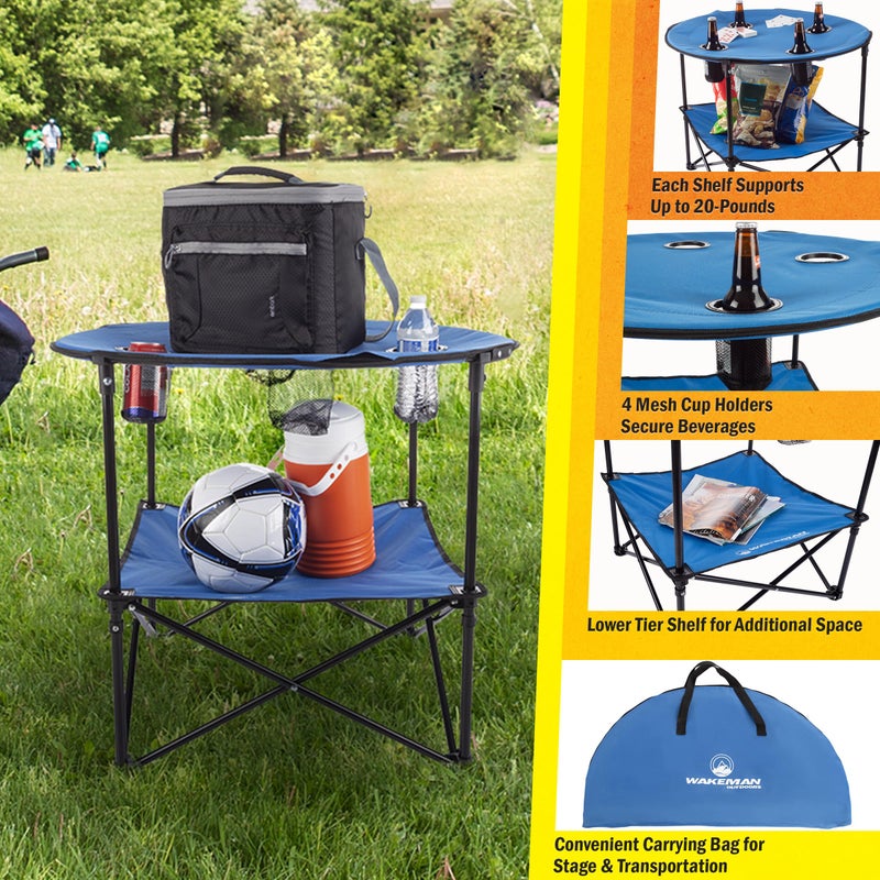 Wakeman Camp Table - Round 2-Tier Folding Table with 4 Cupholders and Carrying Bag - for Camping, Beach, Picnic, Sporting Events, and More Outdoors,Blue - Image 3