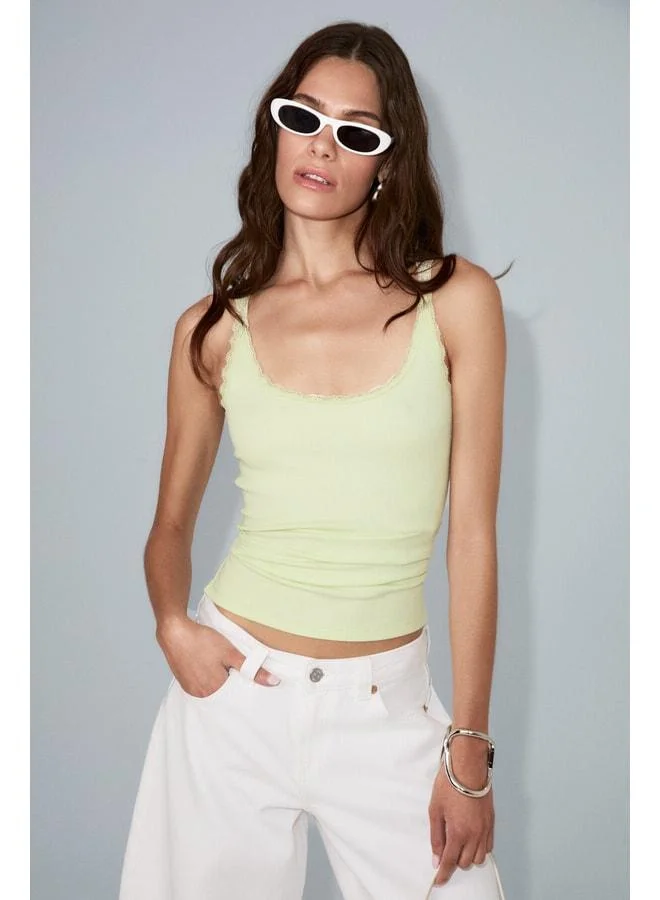 Ethiquet BARRY Women's Regular Fit Normal Cut Cotton Lace Detailed Thin-Strap Light Green Tank Top.