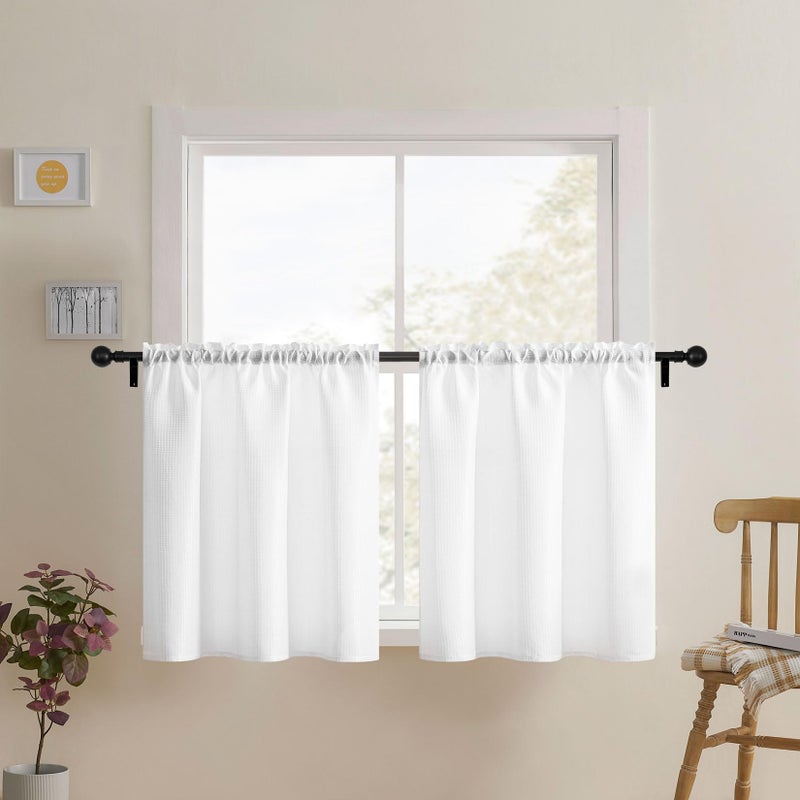 Home Queen White Waffle Bathroom Window Curtains Water Repellent Rod Pocket Short Kitchen Drapes for Small Window 2 Panels 36 X 24 Each