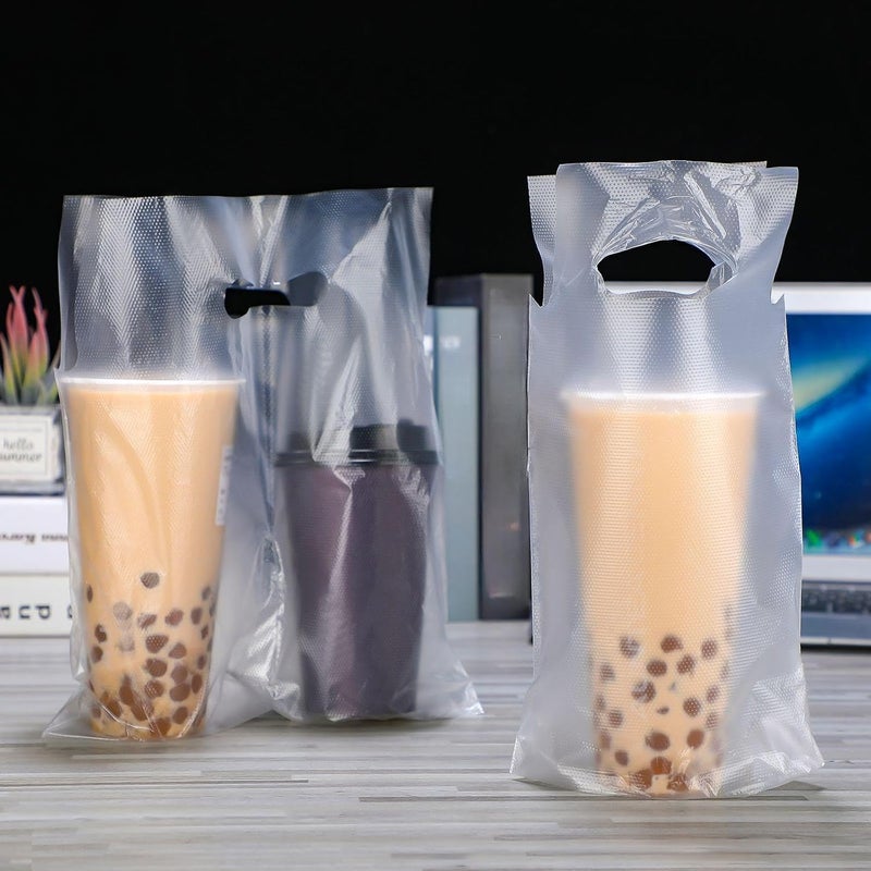 Tinlade 200 Pcs Clear Handle Drinking Poly Bags Bulk 2 Cup and 1 Cup Plastic Portable Cup Carrier Holder Bag Packaging Delivery Hanging Hole, 6.3 x 10.2, 12.2 x 10.2 Inch - Image 1
