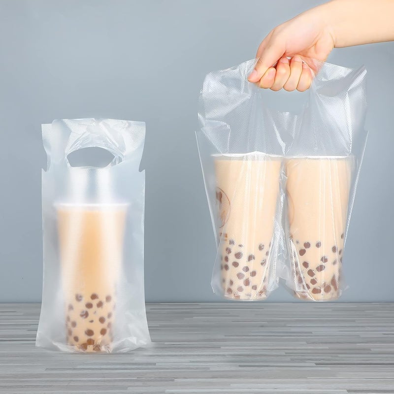 Tinlade 200 Pcs Clear Handle Drinking Poly Bags Bulk 2 Cup and 1 Cup Plastic Portable Cup Carrier Holder Bag Packaging Delivery Hanging Hole, 6.3 x 10.2, 12.2 x 10.2 Inch - Image 2