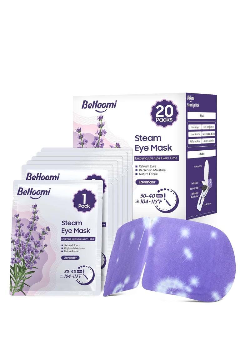 BeHoomi 20 Packs Steam Eye Mask, Heated Eye Mask Warm Compress for Eyes, Disposable Self Heating Eye Mask for Sleep, Spa, Travel Essentials & Relaxation Gifts for Women, Stocking Stuffers (Lavender)  - Image 1