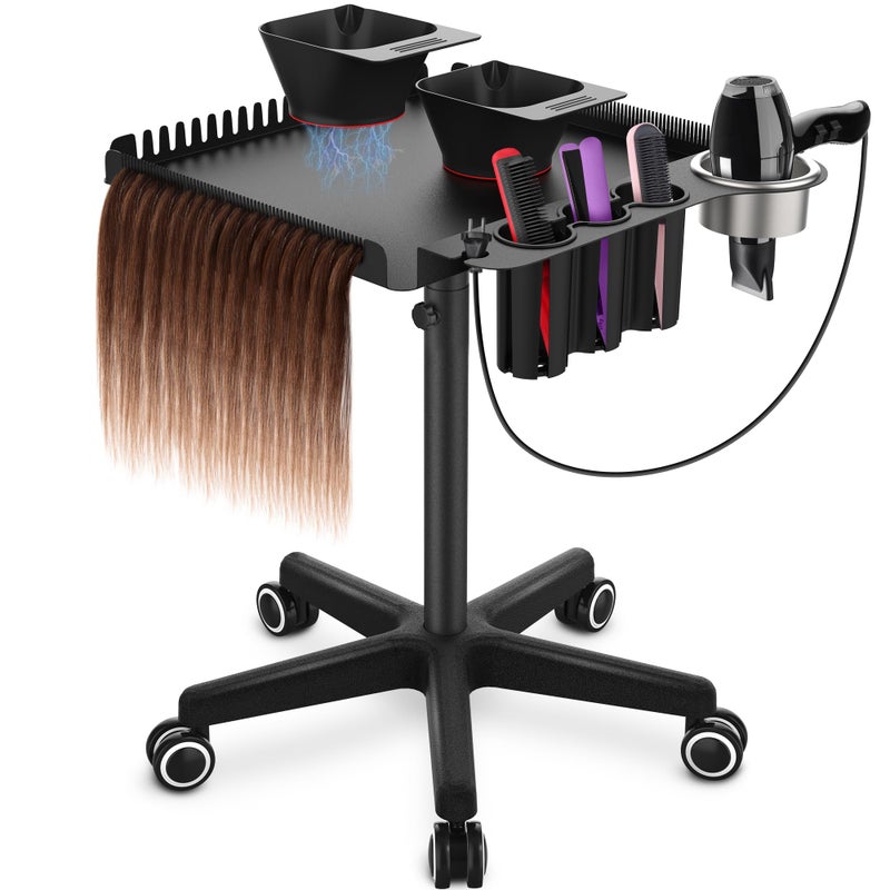 TASALON Black Salon Rolling Tray Cart on Wheels, Portable Braiding Hair Rack with Magnetic Hair Dye Bowls, Heat-Resistant Tool Rack for Salon Storage, Rolling Tool Cart & Hairstylist Station Organizer - Image 1