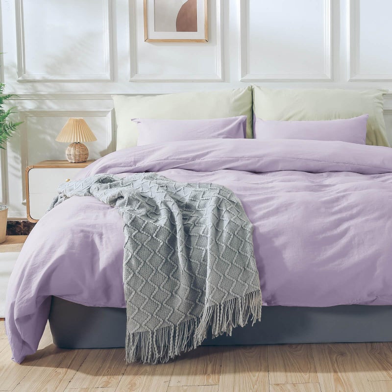 NEXHOME PRO مجموعة غلاف لحاف Nexhome Pro Cover 100 ٪ من القطن المغسول كبير الحجم 120 "X98" "Linen Linen Feel Nature Organic Natural 3 قطع الفراش مجموعة لافندر أرجواني مع إغلاق السوستة (لا المعزي) - Image 2