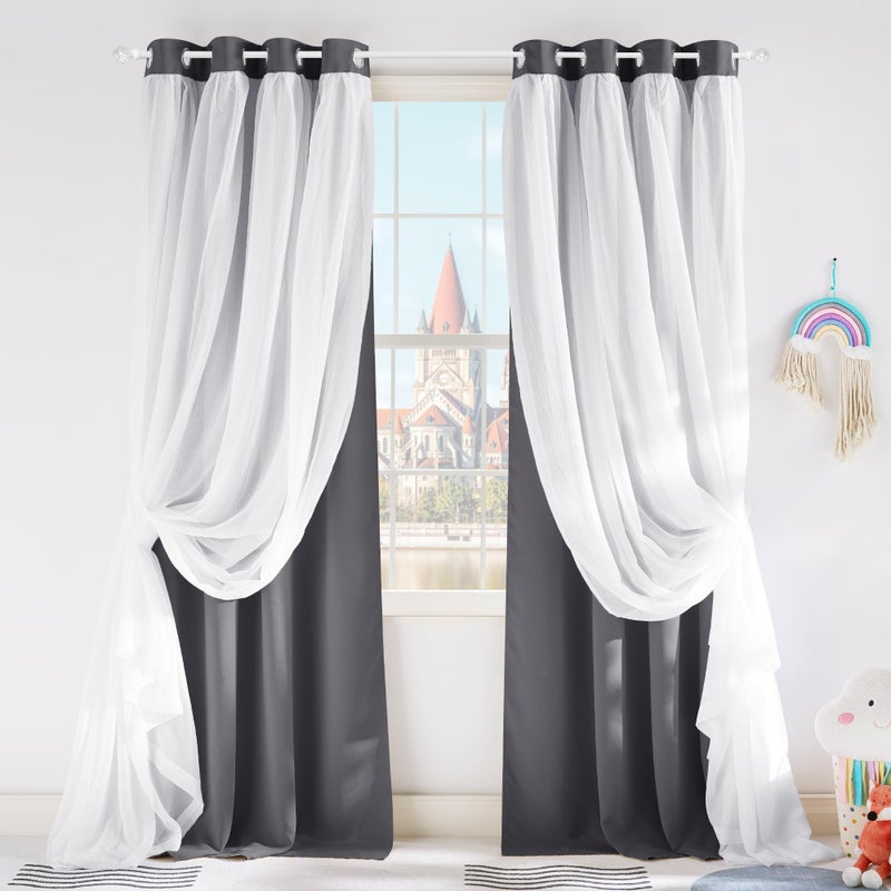 PONY DANCE Gray Blackout Curtains - White Sheer Curtains & Drapes Light Block Window Panels Mix & Match Modern Living Room Decor, 52 Wide x 95 Long, Grey, 2 PCs - Image 1