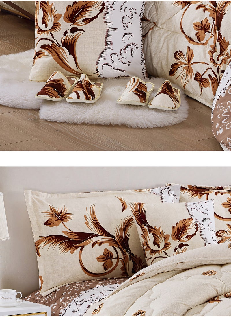 Moon - Bed In A Bag Medium Filling King Size Comforter Set, 10 Pcs Floral Bedding Set Size 220 X 240 Cm with Comforter, Quilted Bed Skirt, Pillowcases, Cushion & Bedroom Slipper, Multicolor - Image 1