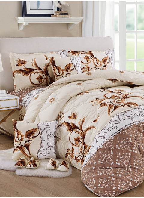 Bed In A Bag Medium Filling King Size Comforter Set, 10 Pcs Floral Bedding Set Size 220 X 240 Cm with Comforter, Quilted Bed Skirt, Pillowcases, Cushion & Bedroom Slipper, Multicolor